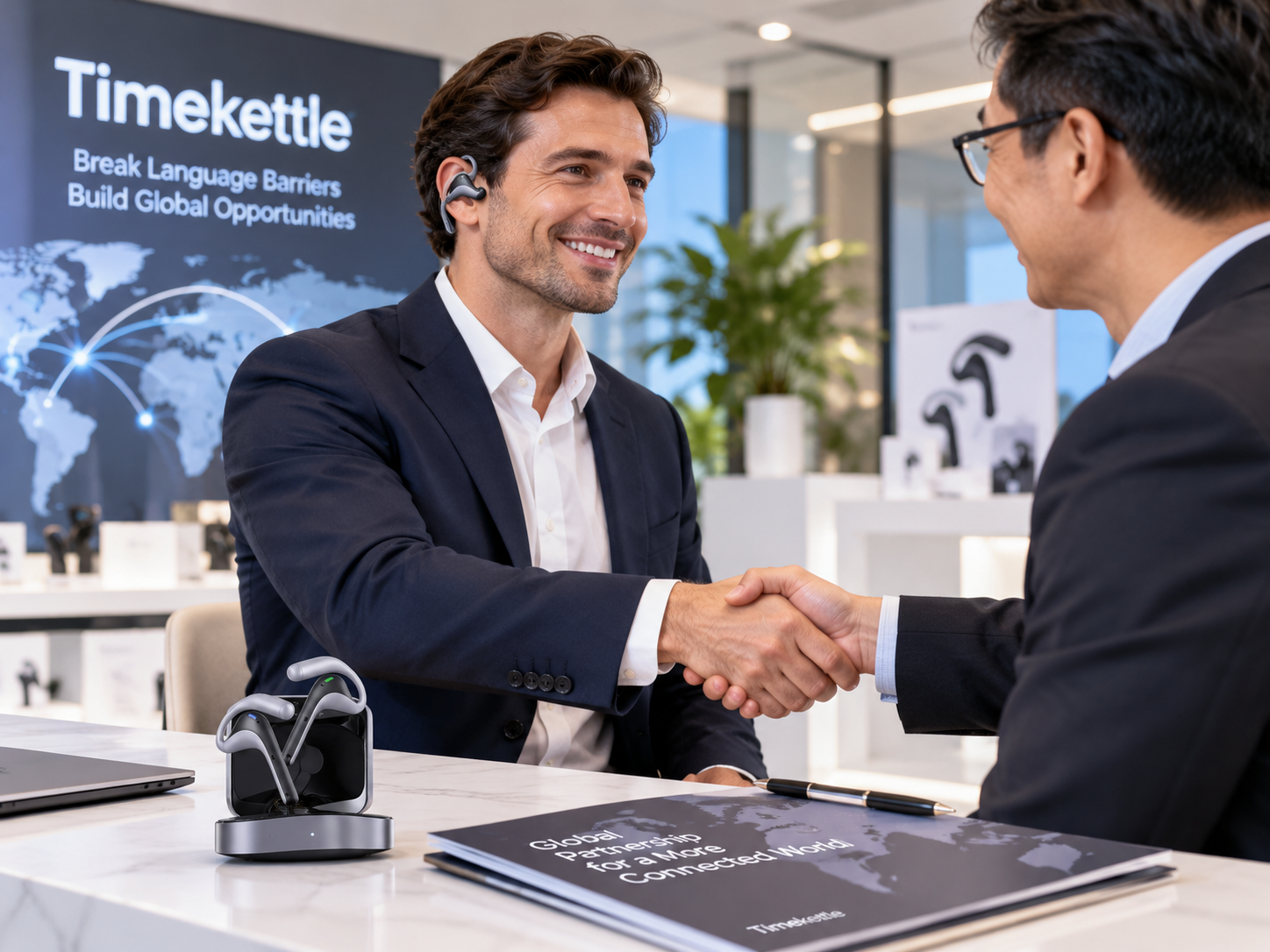 Business partners using Timekettle translation earbuds during a distributor meeting