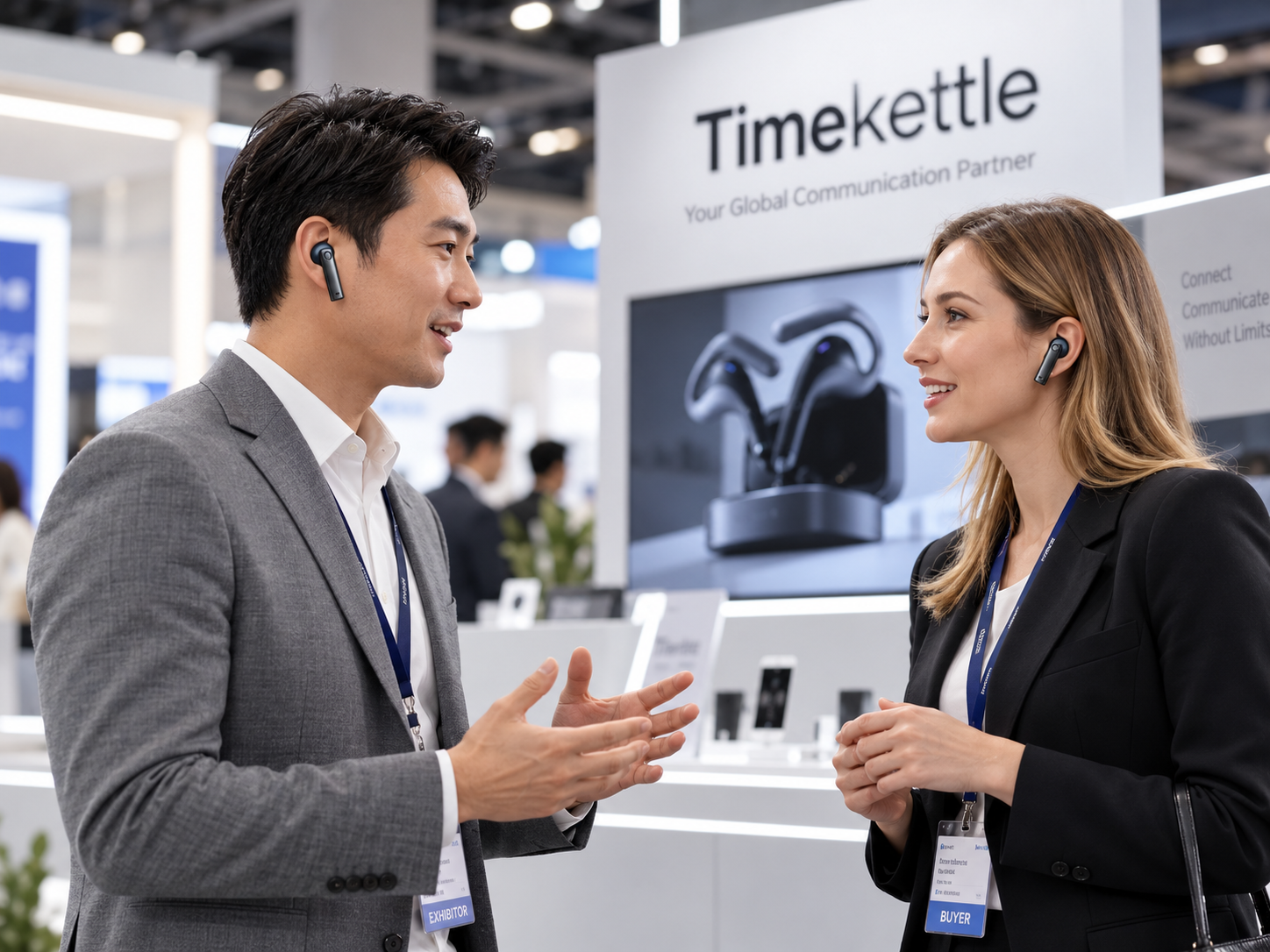 Two professionals at a trade show using Timekettle translation earbuds