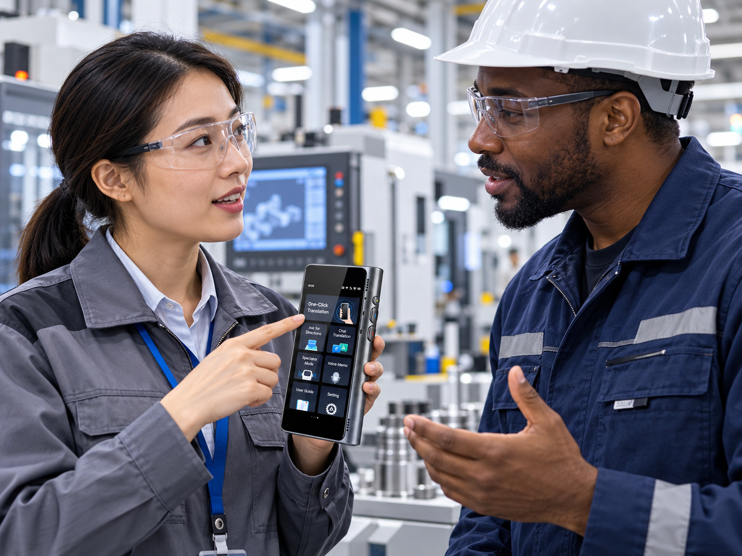 Factory workers using a Timekettle handheld translator on the production floor