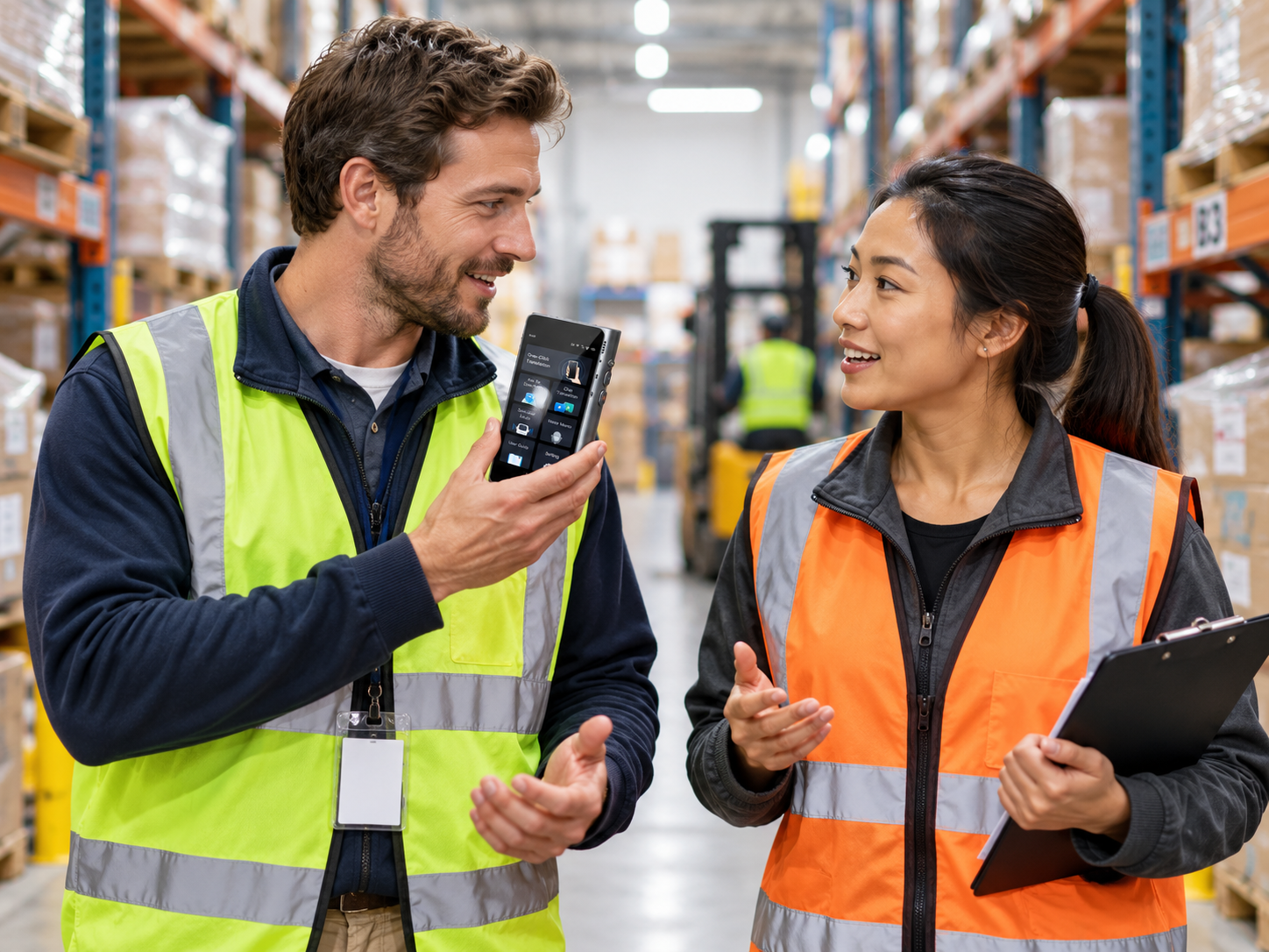 Warehouse staff using a Timekettle handheld translator in an operational environment